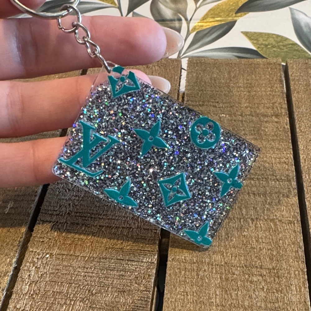 Silver Glitter Keychain with Teal Monograms
